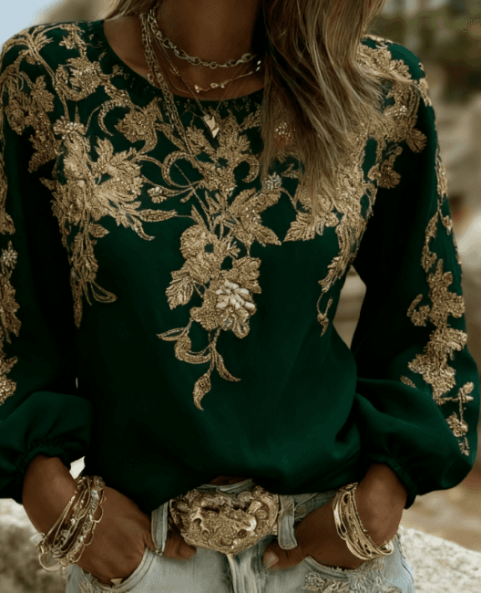 Women's Vintage Rose Embroidery Puff Sleeve Casual Round Neck Long Sleeve Top