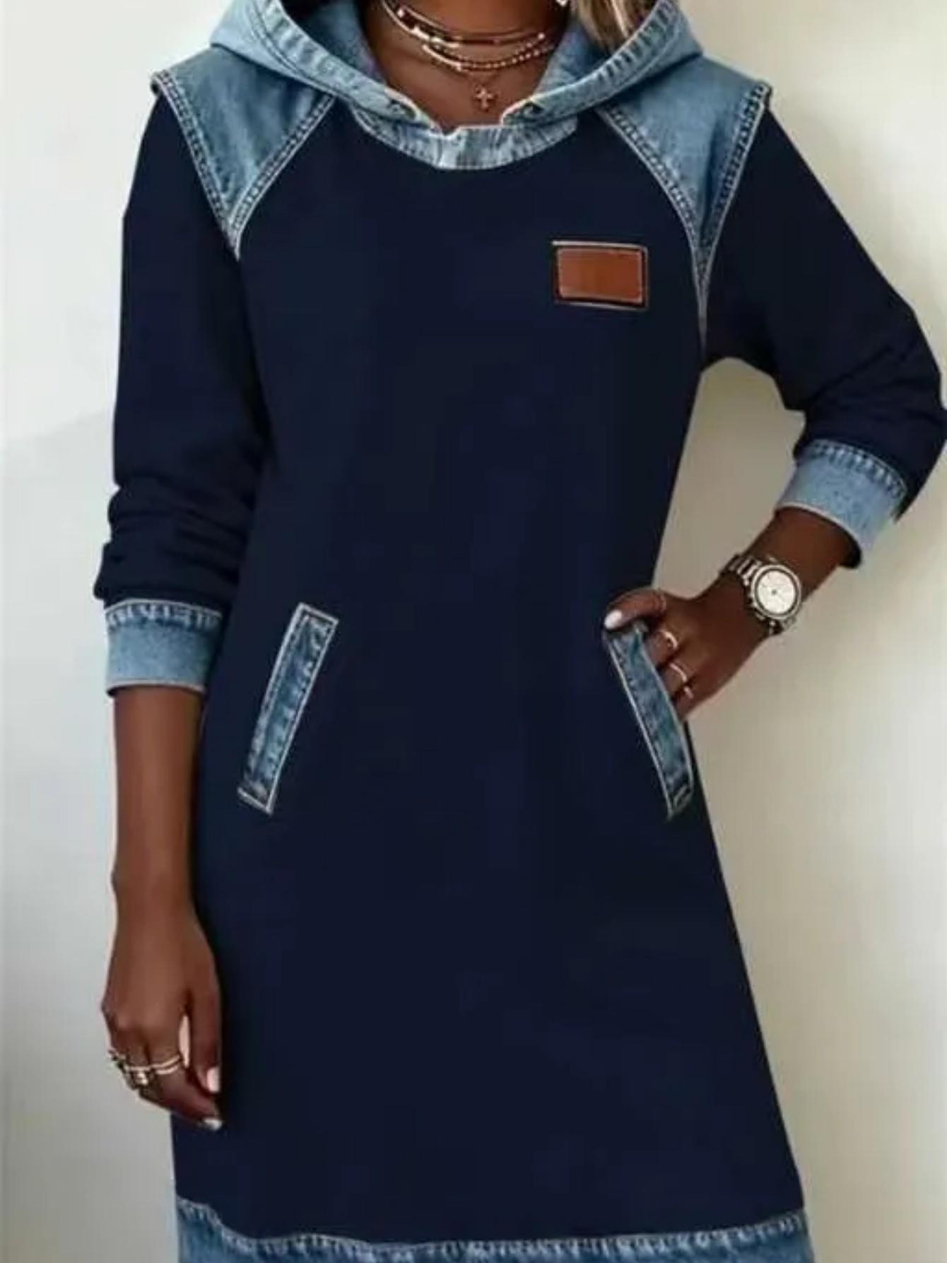 Casual Hooded Denim Color-block Loose Women's Long-sleeved Mid-length Sweatshirt Dress