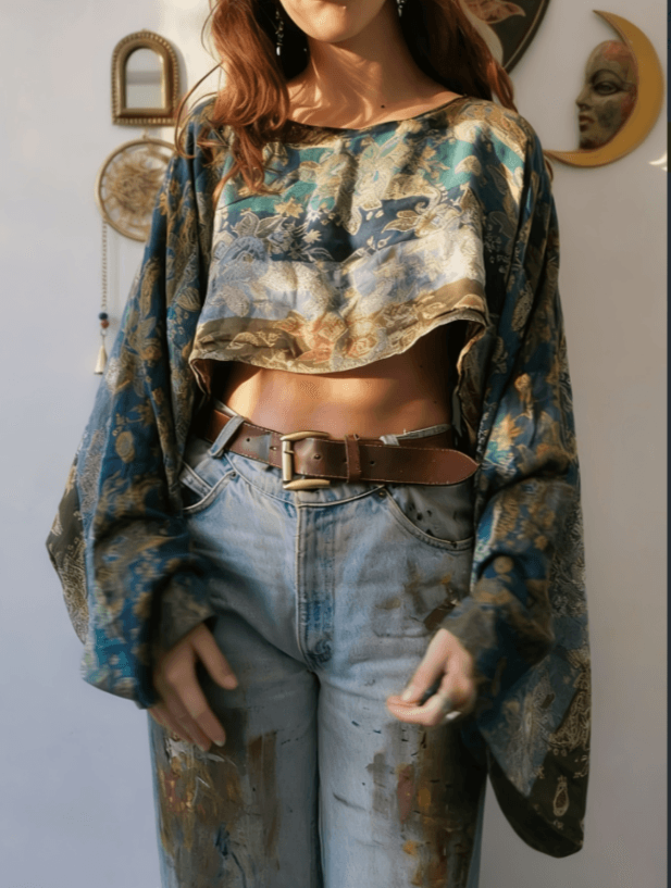 Women's Ethnic Style Printed Loose Long-sleeve Short Crop Top