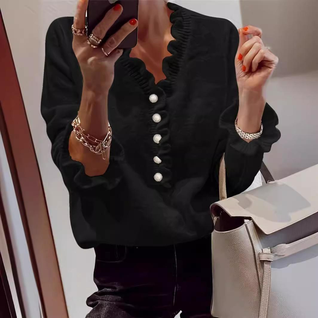 Long-sleeve Ruffled V-neck Knit Sweater
