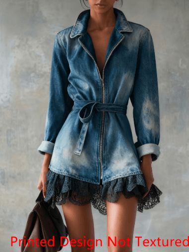 Lace-paneled Waist-cinching Zippered Denim Dress