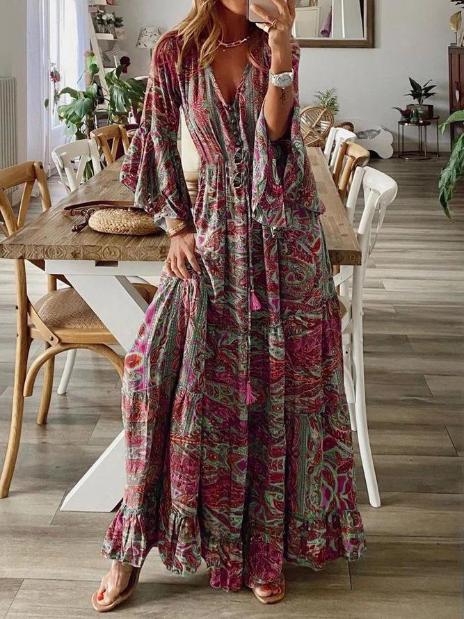 Women's Boho Paisley Print V-Neck Flare Sleeve Ruffle Hem Maxi Dress, Casual Loose Tie Waist Long Dress For Vacation & Beach