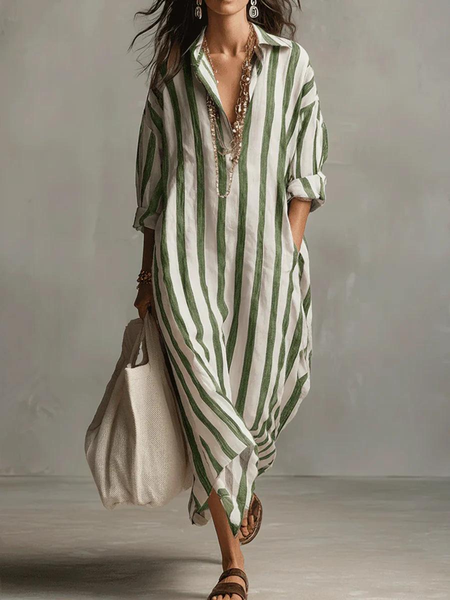 Stylish Loose V-neck Long Striped Sleeve Shirt Dress For Women Summer