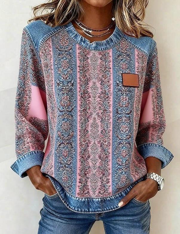 Denim Patchwork Crew Neck Casual Top