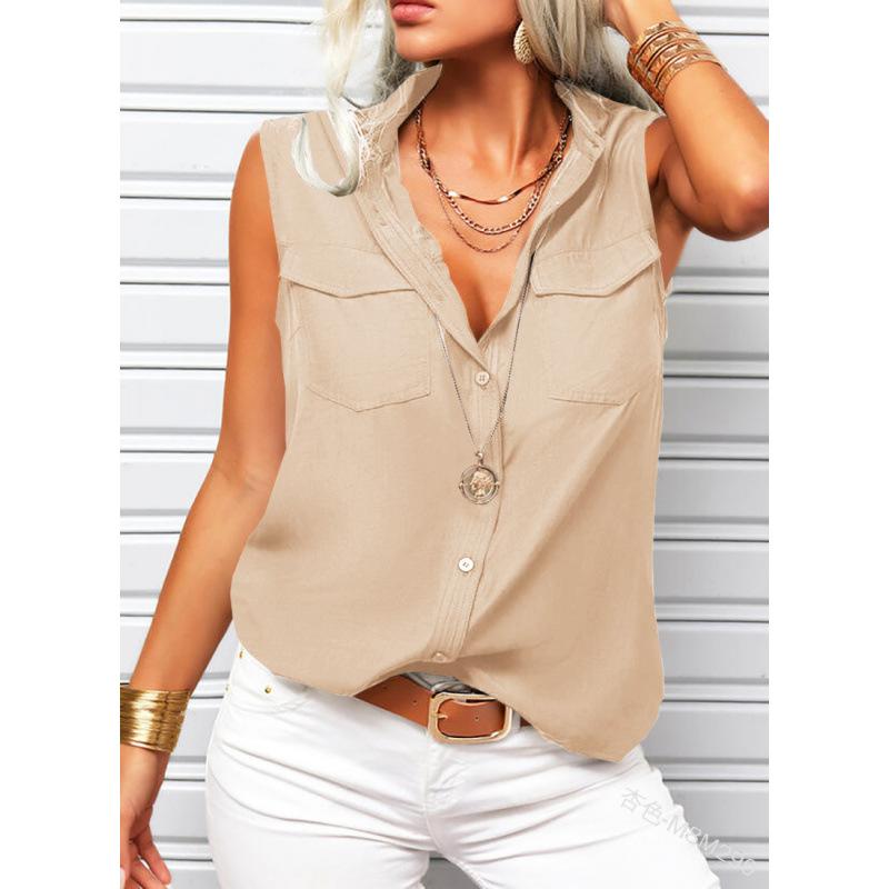 Solid-color Lapel-collar Loose-fit Sleeveless Top With Pockets