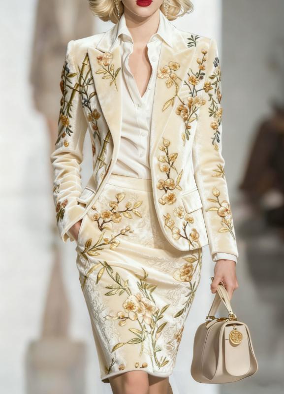 Elegant Velvet Printed Suit And Pencil Skirt Set