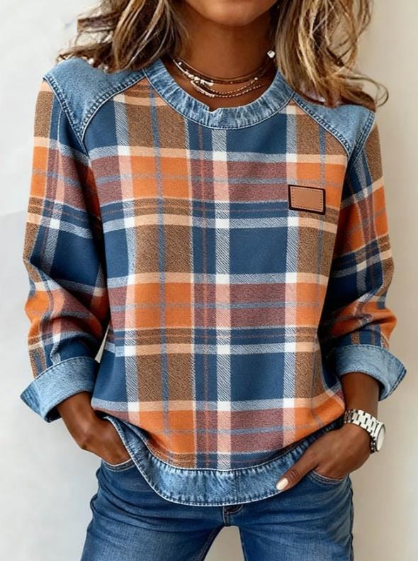 Denim Patchwork Crew Neck Casual Top