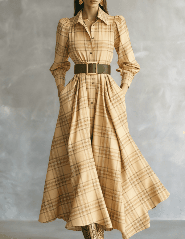 Plaid Shirt Collar Fitted Waist Casual Long Sleeve Dress