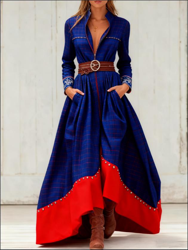 Casual Retro Color-blocked Waist-cinching Long Dress