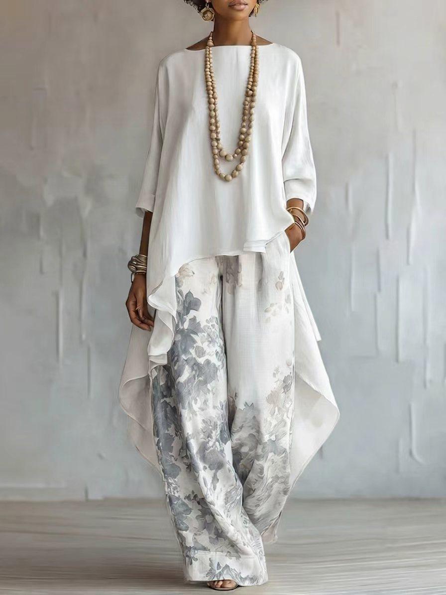 Cotton-Linen Fashion Solid-Color Top And Wide-Leg Pants Two-Piece Set