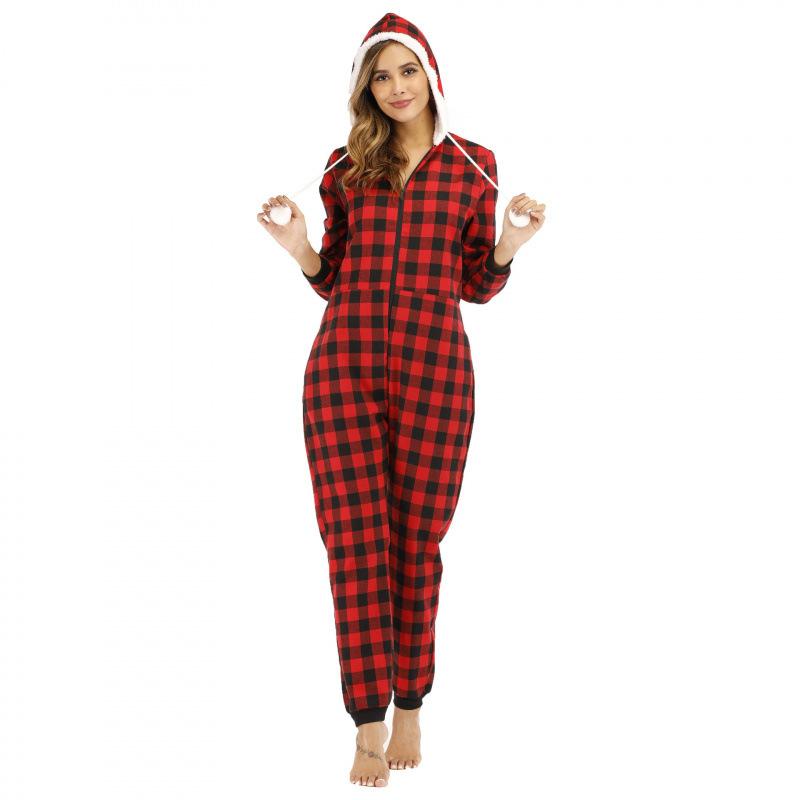 Women's Cotton Plaid Hooded Jumpsuit