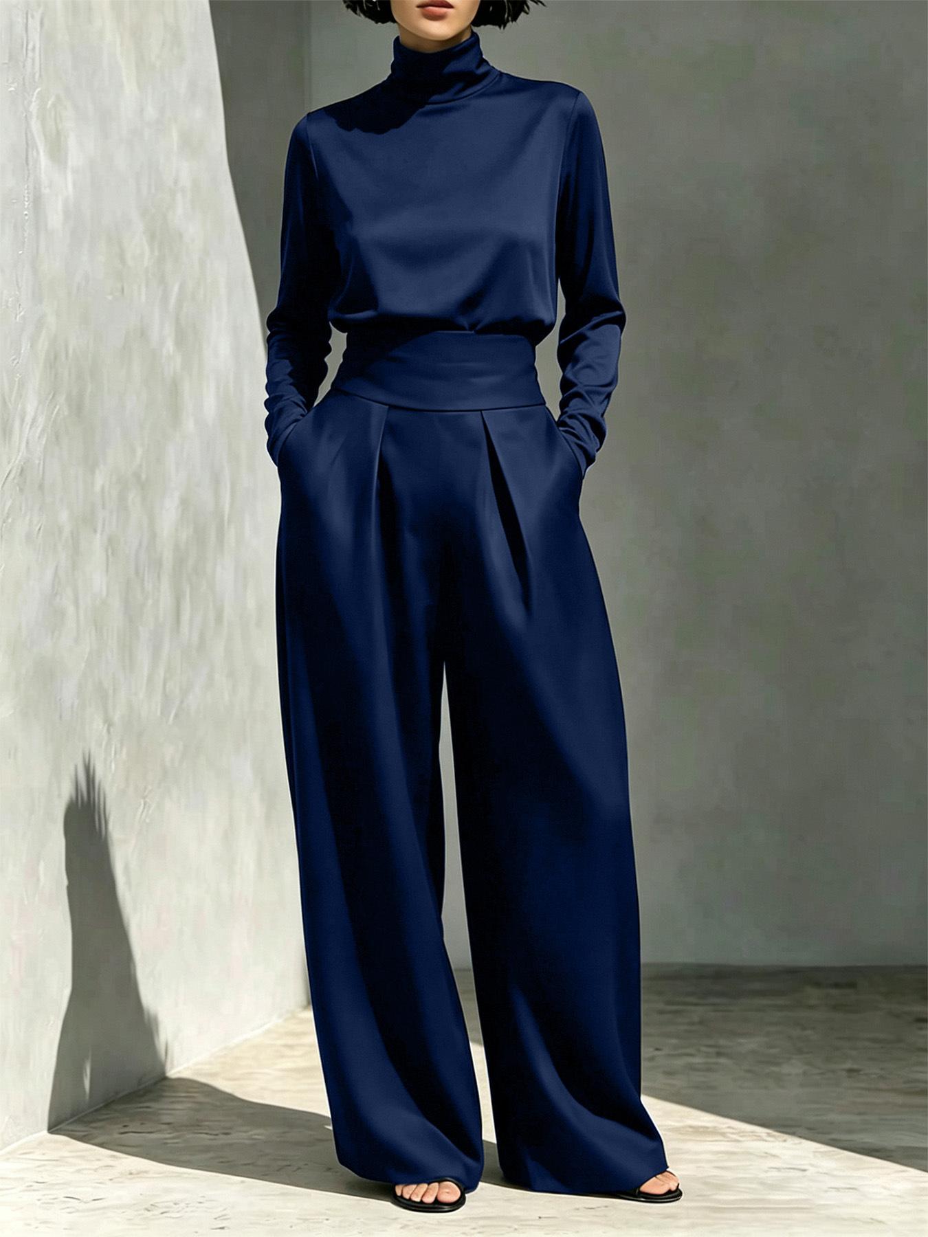2026 Autumn Winter New Cross Border Trade European And American Women's Fashion Independent Brand Solid Color High Neck Long-Sleeve Long Pants Casual Set For Women
