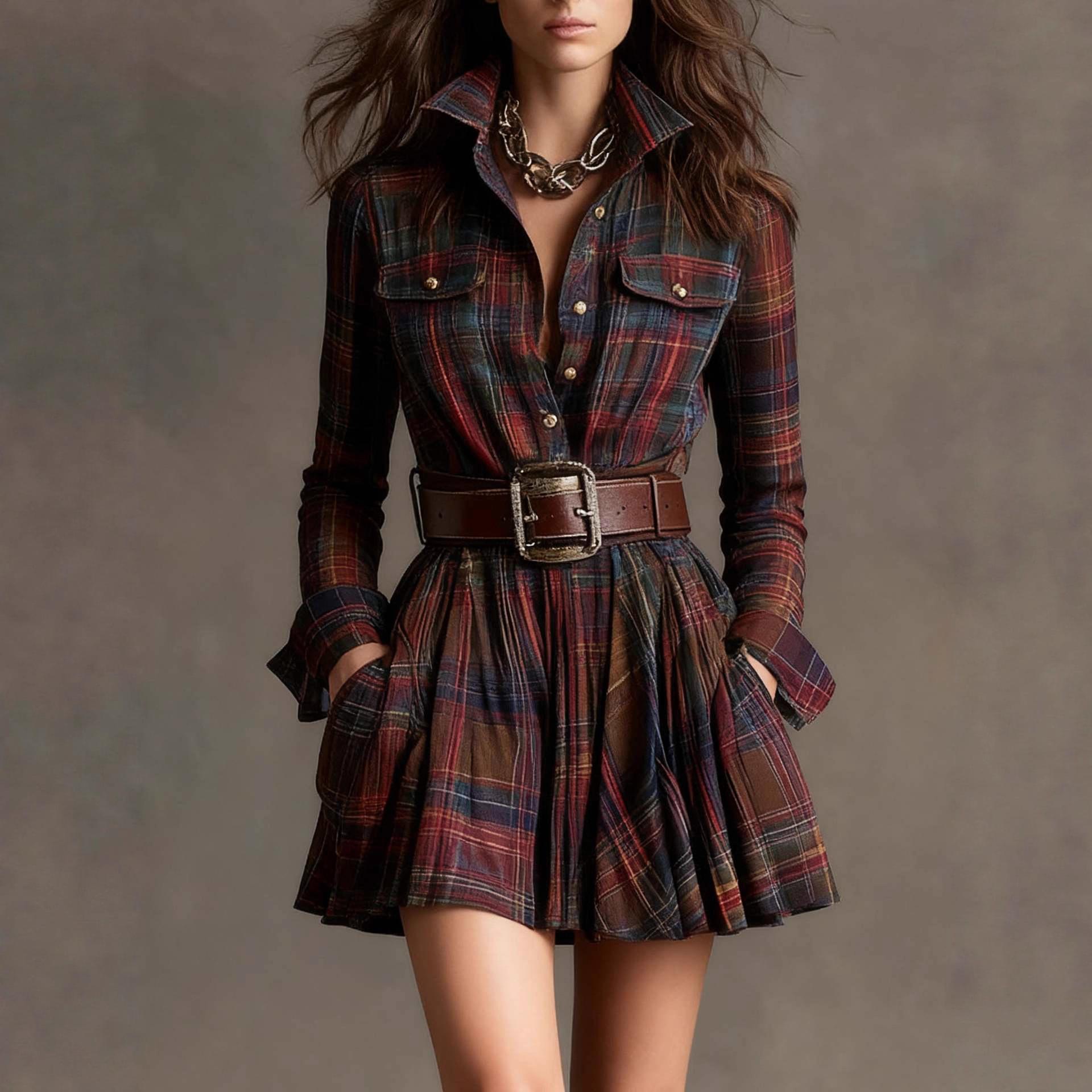 European And American Elegant Plaid Long Sleeve Short Dress Belt