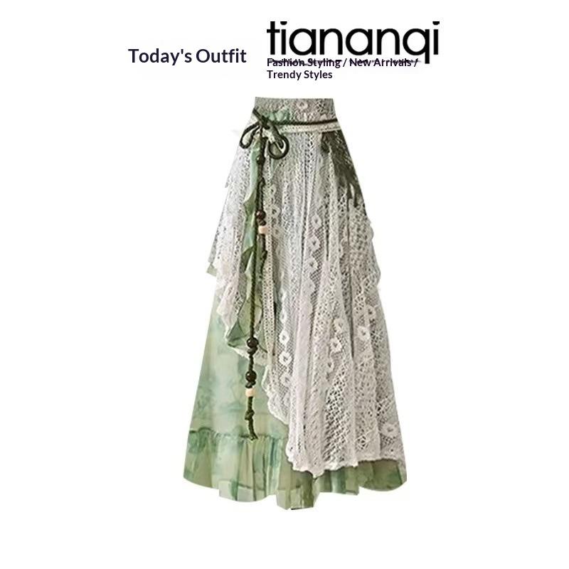 Strap-top Short-sleeve Vacation Two-piece Set With A Patchwork Skirt