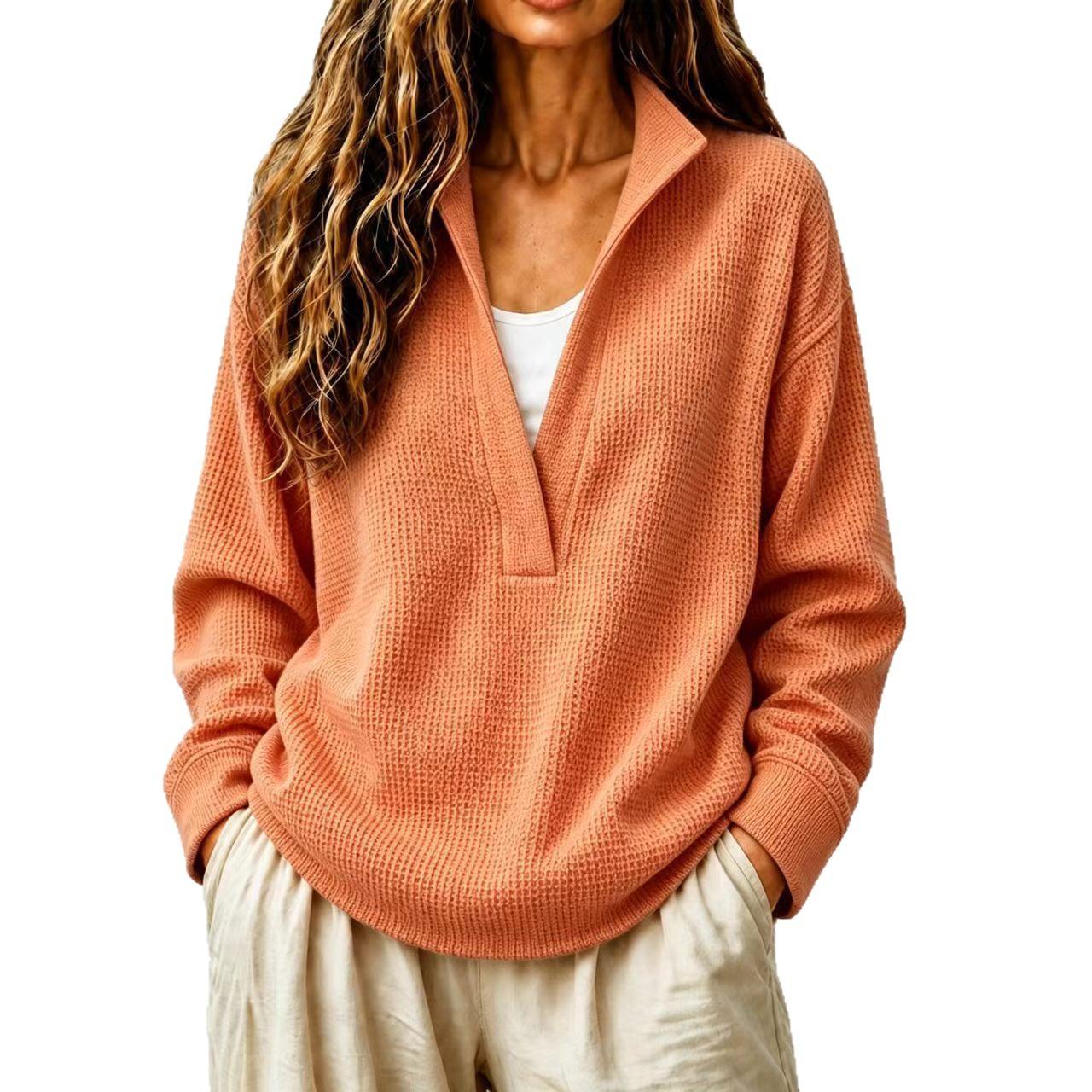 Womens Solid-color Long-sleeve Casual Loose-fitting Top