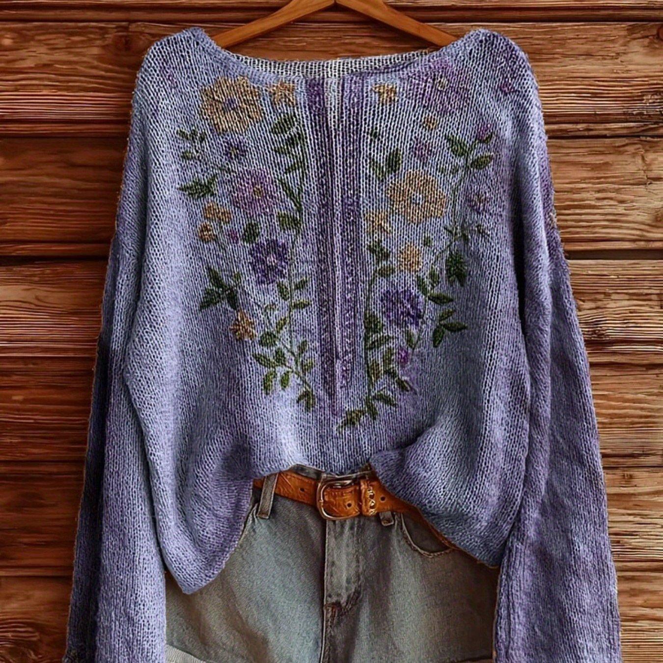 Women's Bohemian Vintage Floral Sweater - Oversized Crew Neck Warm Winter Pullover With Multicolor Floral Print