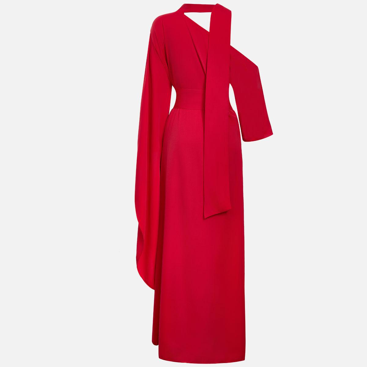 Red One-Shoulder Turtleneck Wide-Belt Slit Maxi Gown