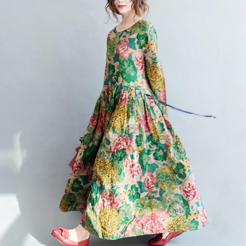 2026 Ethnic Print Long Sleeve Midi Dress, Plus Size