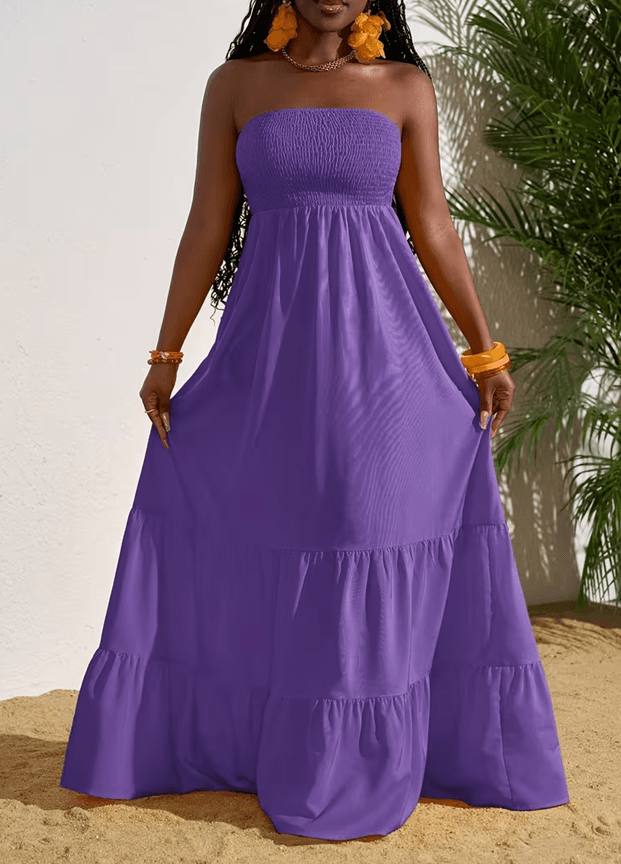 Vibrant Strapless Pleated Multi-layered Full Skirt Dress, Women's Sleeveless Long Resort Style Dress
