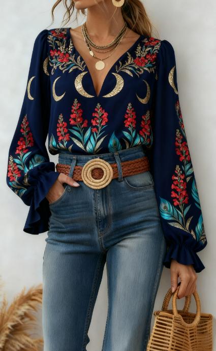 Printed Casual V-neck Bell Sleeve Long-sleeved Top