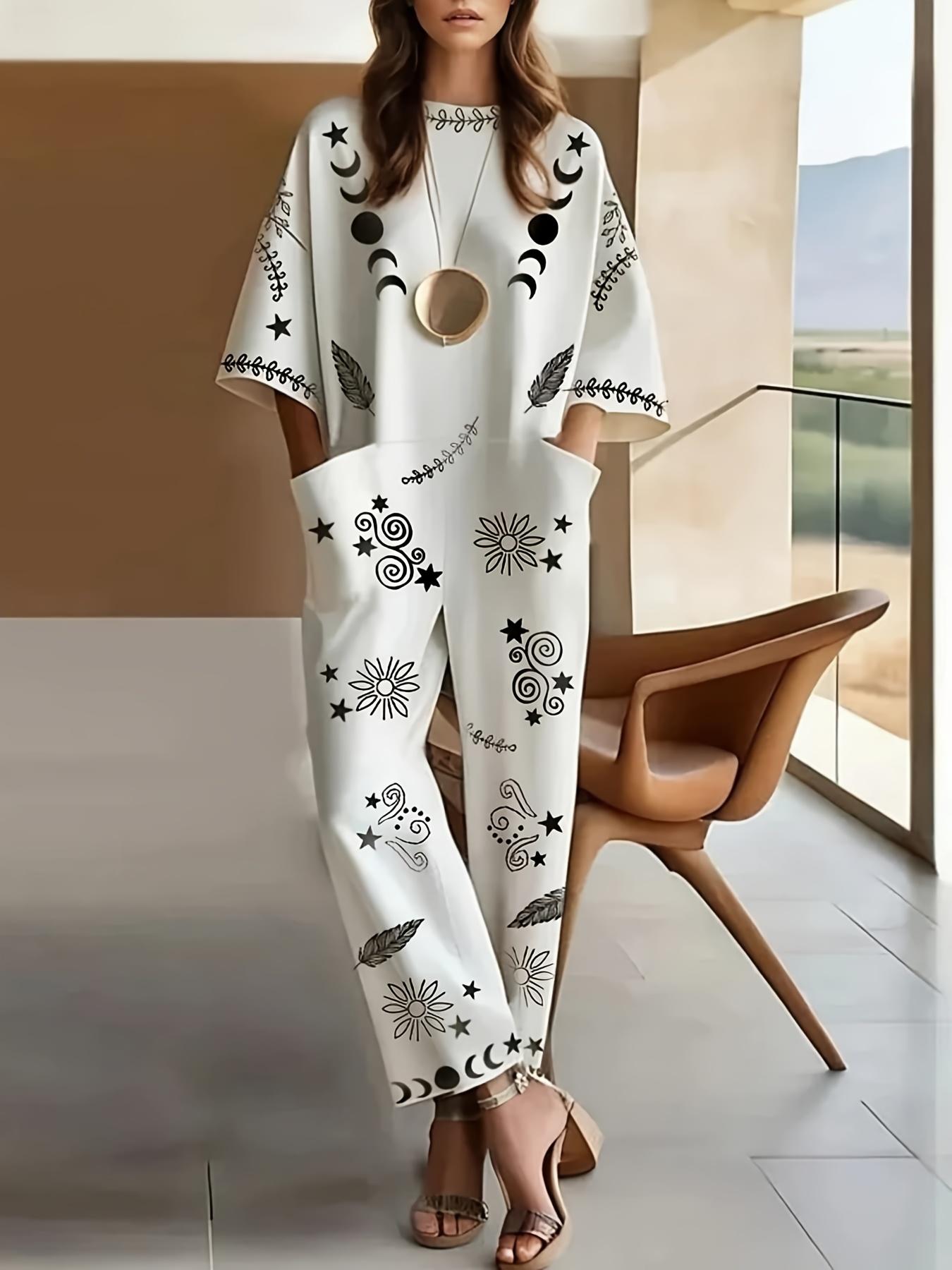 Women's Short-sleeve Long Casual Jumpsuit With A Round Neck And Wide-leg Fit
