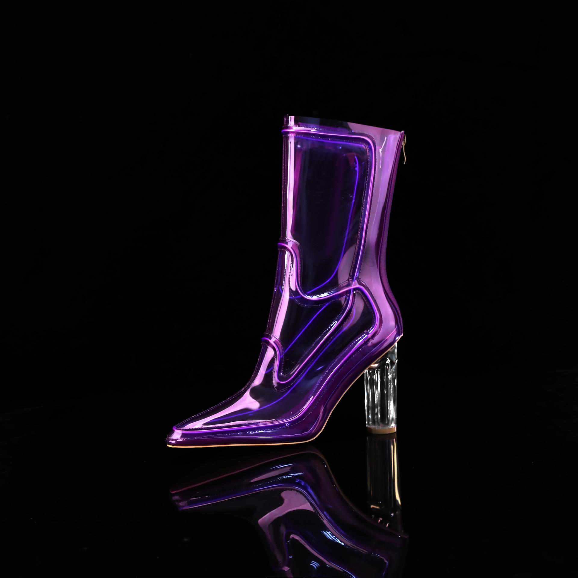 New Transparent Film Pointed-toe Chunky-heel Mid-calf Womens Boots With A Back Zipper