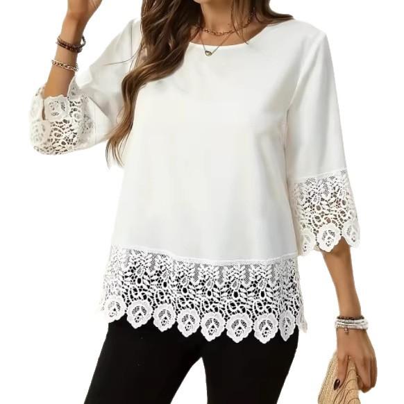 Round-neck Lace-trimmed Patchwork Minimalist Womens T-shirt
