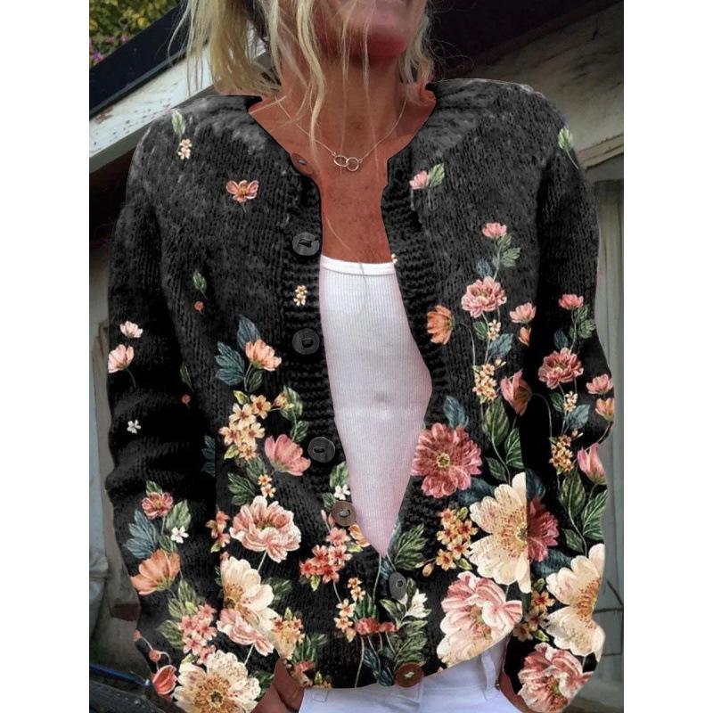 New Women's Autumn And Winter Style Loose 3D Printed Knitted Cardigan Sweater