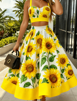 Retro Red Rose Print Strapless Two-piece Set, High-waisted Flared Skirt, Women's Suspender Short Top Set