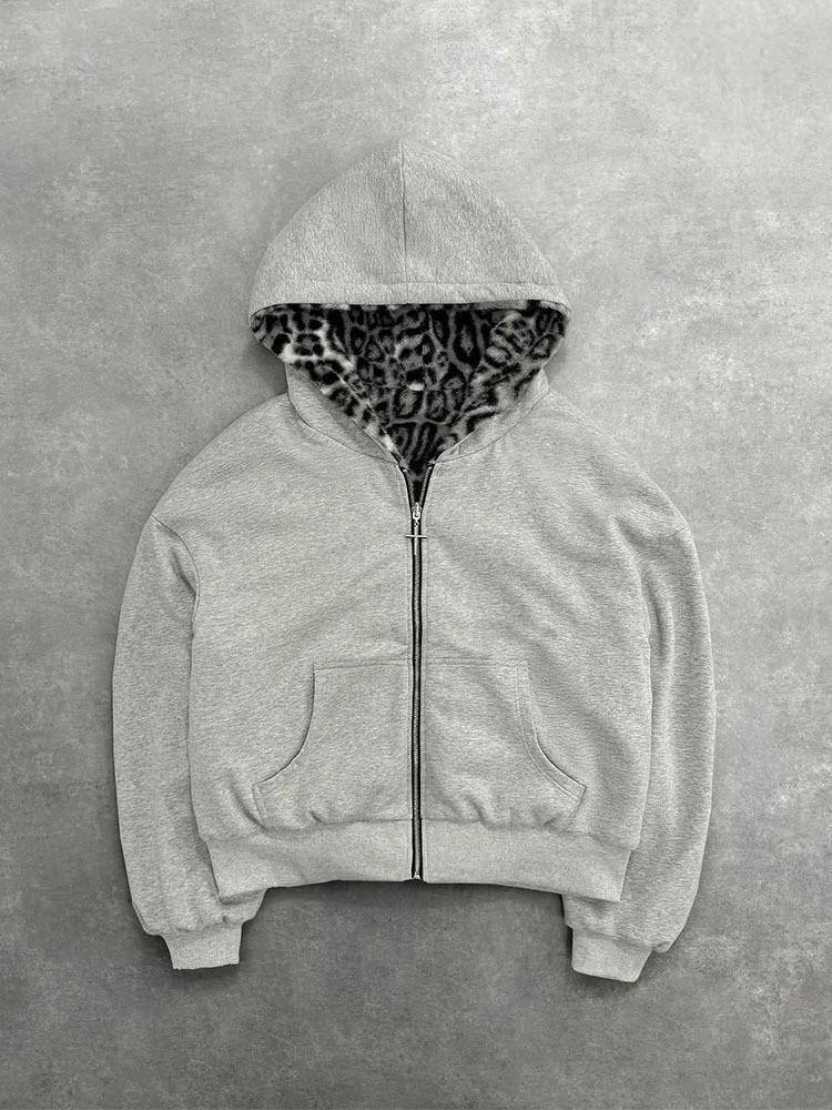 Hooded Hoodie Two Sides Can Wear Vintage Leopard Print Zipper Hoodie