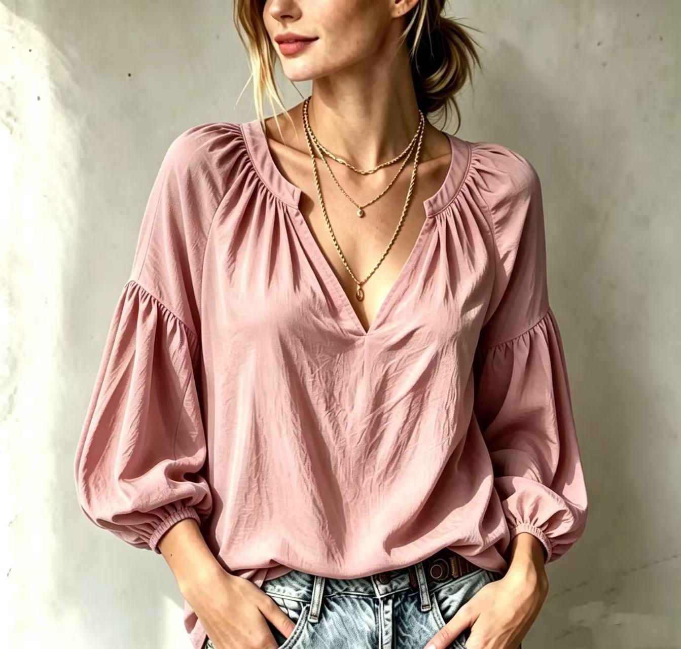 Womens Casual V-neck Pleated Loose-fit Long-sleeve