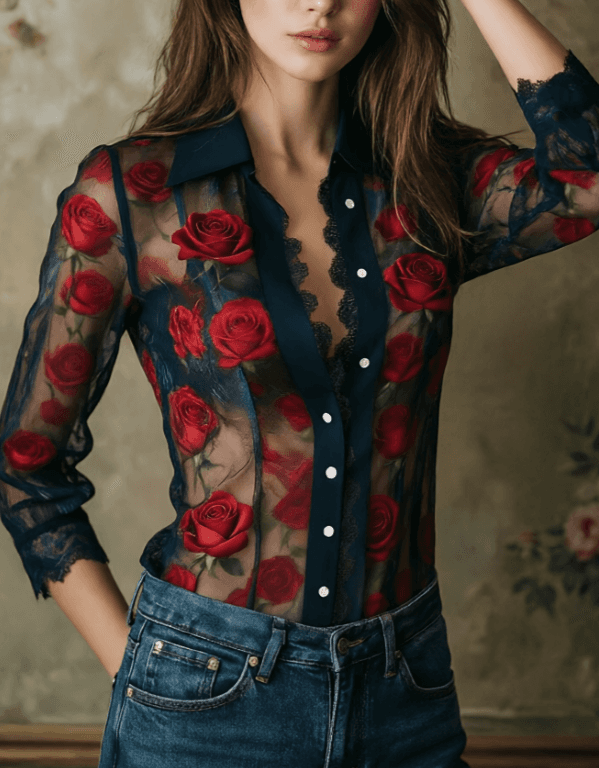 Lace Rose Embroidery V-neck Women's Long-sleeved Shirt
