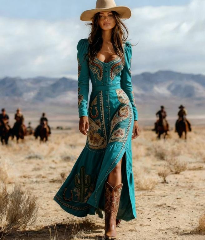 Western-style Printed Fitted Long-sleeved Dress
