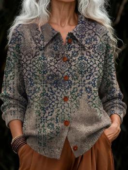Printed Lapel Sweater Fashion Casual Long-sleeved Button Pullover Top Knitted Clothing For Women