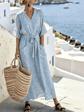 Floral V-Neck Belted Midi Dress With Pockets