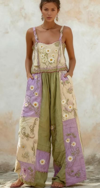 Bohemian Style Rose Embroidered Floral Patchwork Jumpsuit