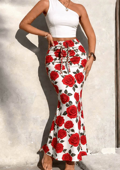 French Vintage-style Mermaid Half-length Skirt With Asymmetrical Short-sleeve Top Set For Women