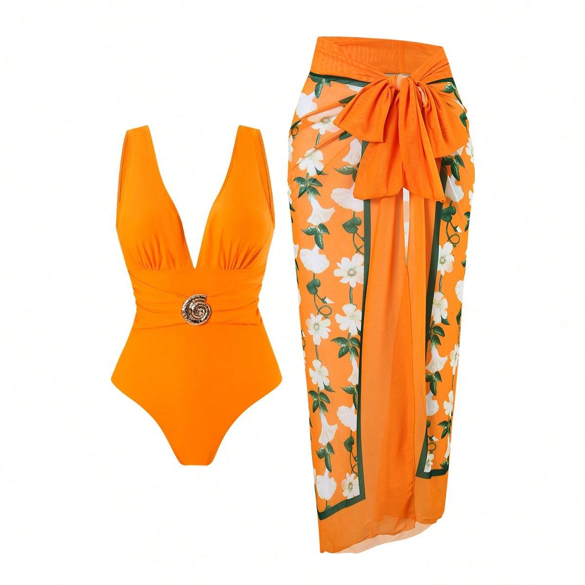 One-piece Deep-V Swimsuit With Printed Beach Dress Set