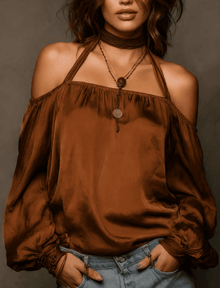 Halter Neck Off-shoulder Puff Sleeve Top For Women
