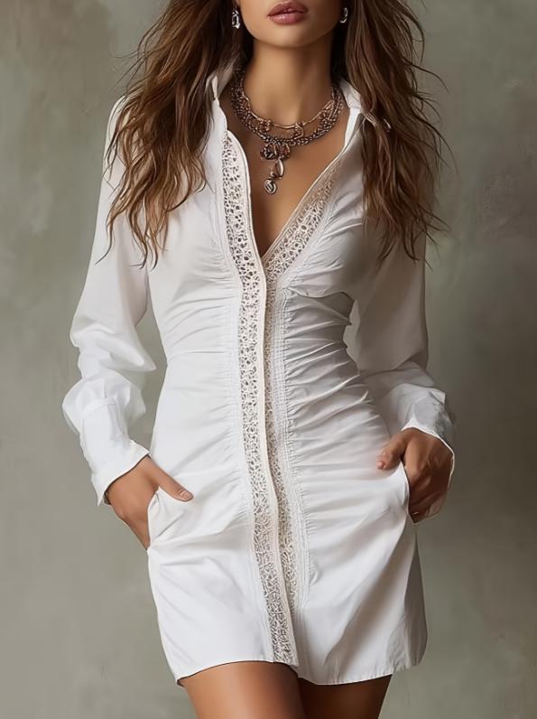 V-neck Lace-trimmed Long-sleeved Bodycon Mini Skirt That Accentuates The Waist And Creates A Slimming Silhouette.