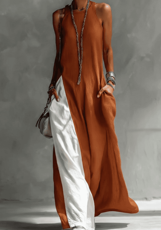 Hanging Neck Contrasting Wide Leg Jumpsuit