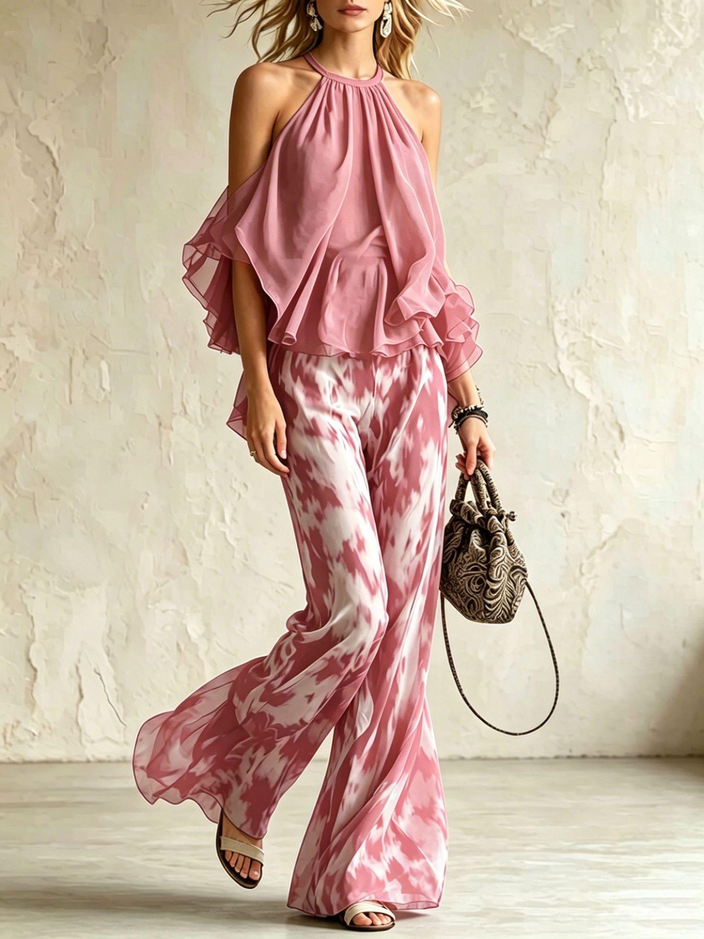 Sleeveless Halter-neck Top And Printed Wide-leg Pants Set