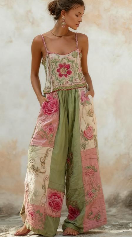Bohemian Style Rose Embroidered Floral Patchwork Jumpsuit