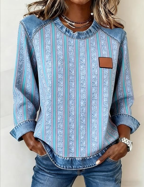 Casual Round Neck Color-blocked Printed Long-sleeved Loose Top