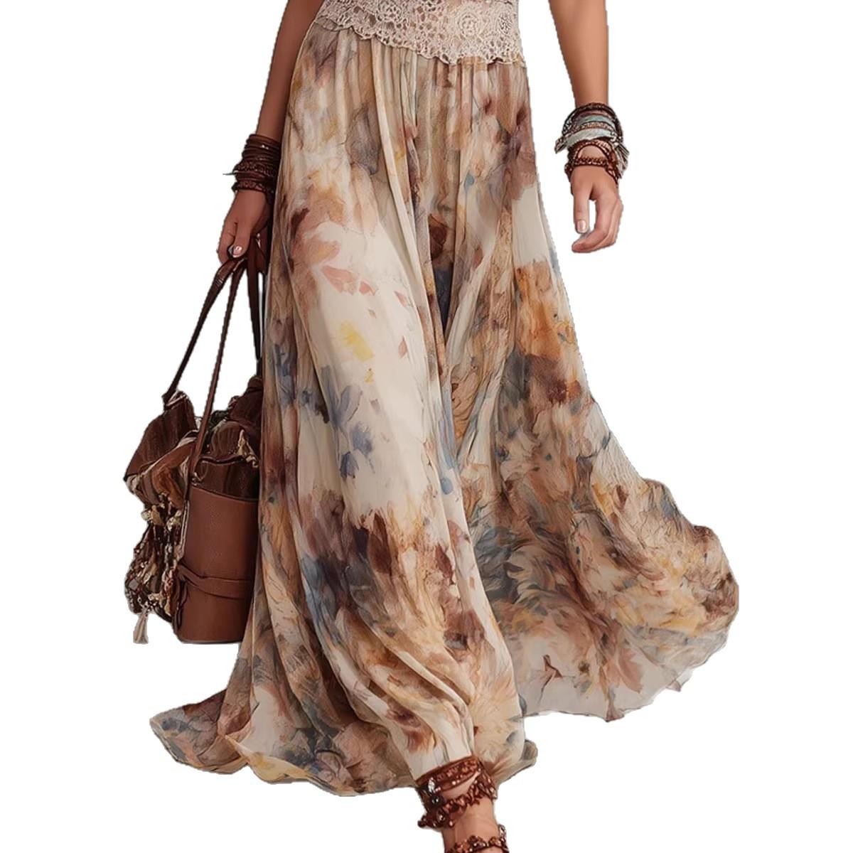 Womens Retro Oil-Painting-Style Summer Floral Strap Waist-Cinching Dress