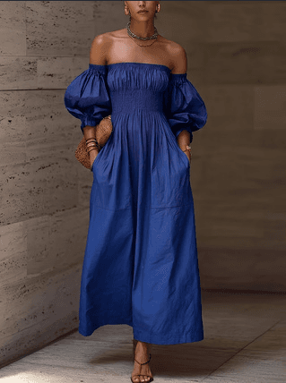 3 Color Option Off Shoulder Puff Sleeve Smocked Waist Pocketed Flowy Maxi Dress