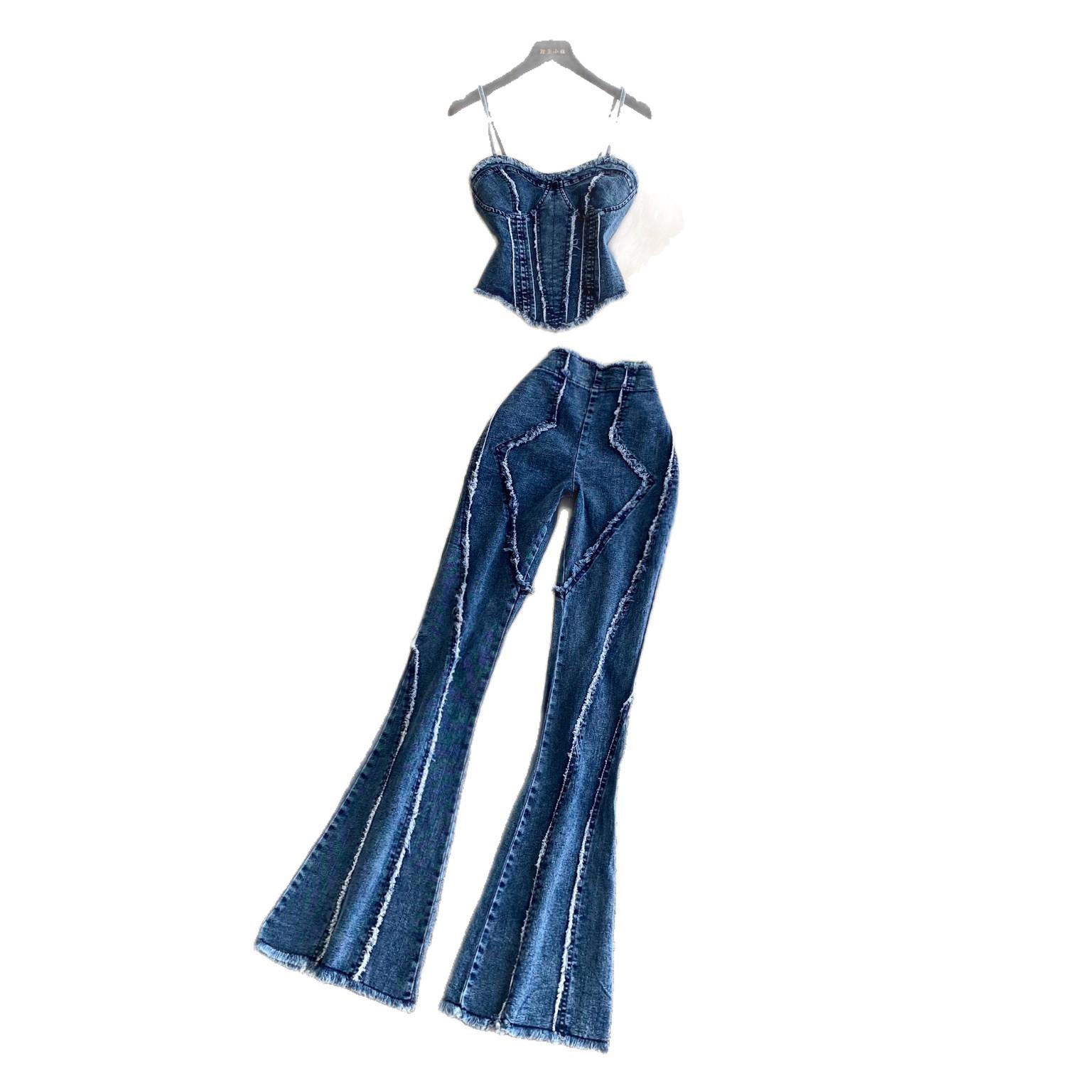 New Style Chic Streetwear Denim Cami Top And Slim-fit Pants Two-piece Set