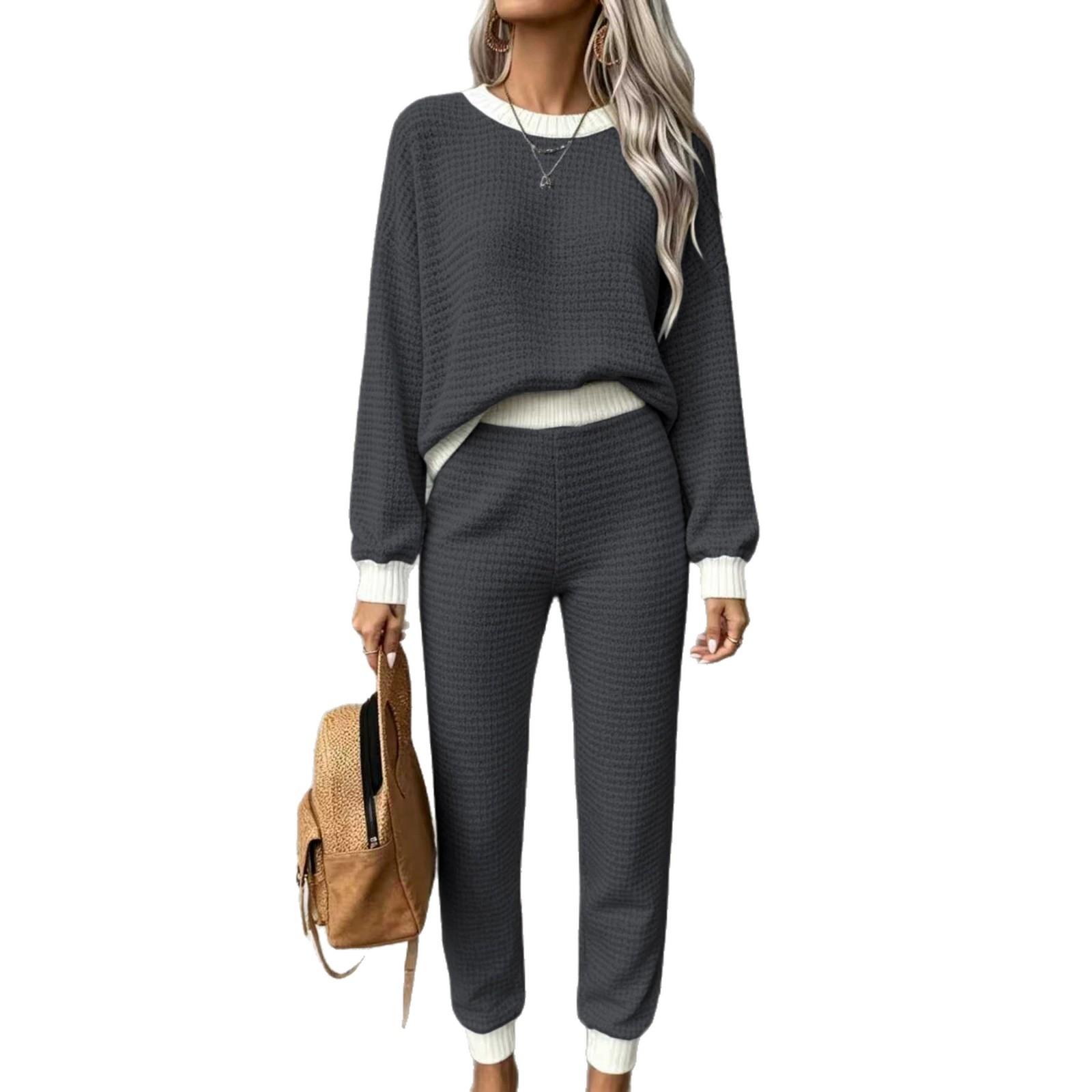 Womens Casual Waffle-Weave Drawstring Crew-Neck Sweatshirt And Pants Two-Piece Set