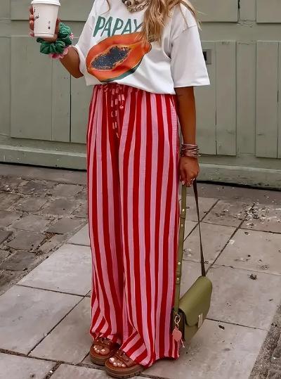 Women's Loose Casual Contrast Striped Printed Straight Trousers