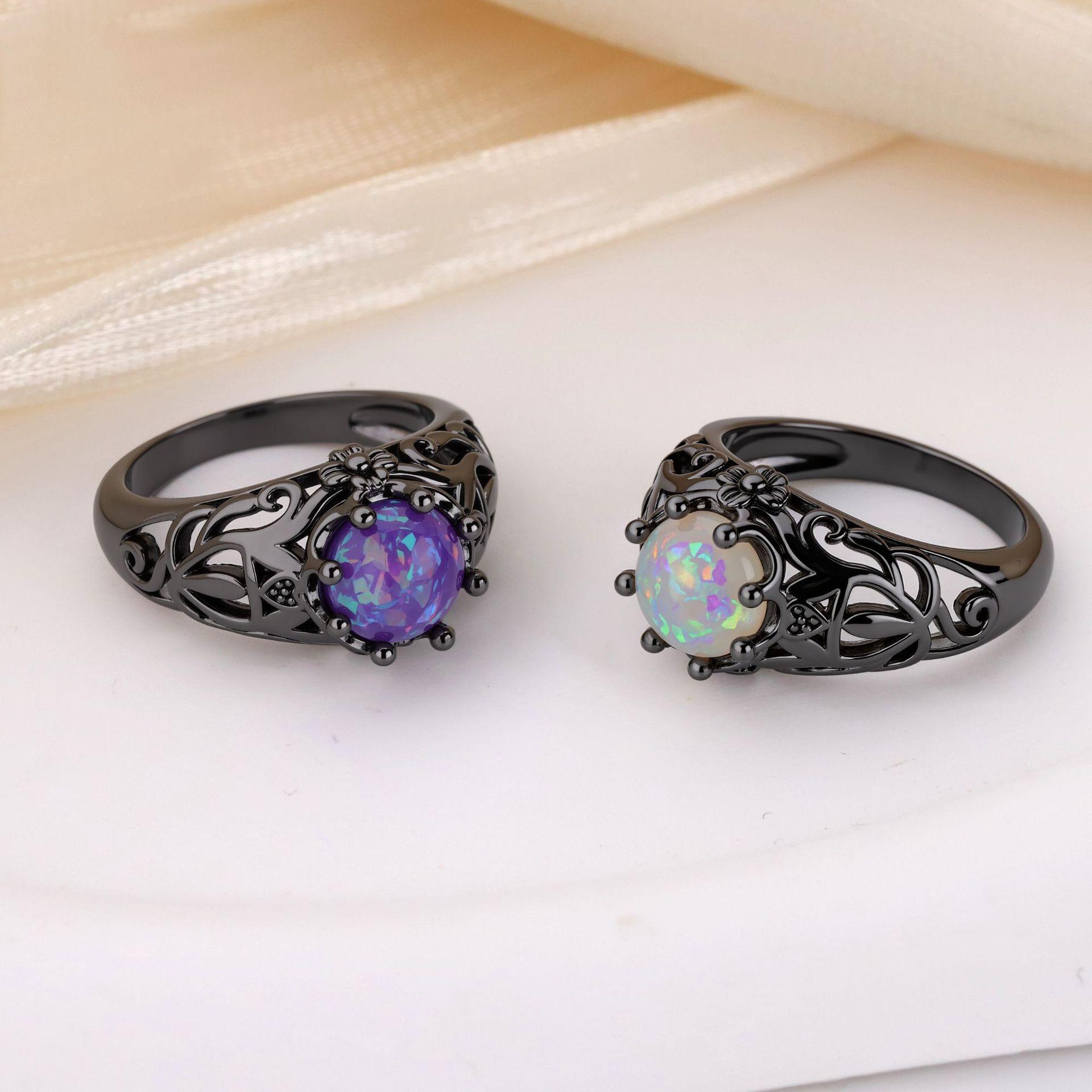 Dark Punk Style Thorn Cutout Gun Black Faux Opal Ring